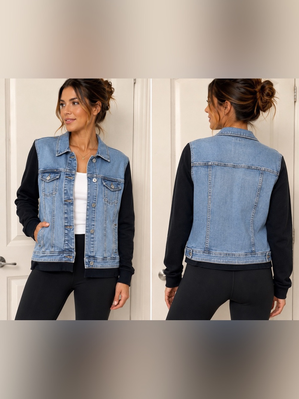 Levi’s Style Denim & Black Knit Sleeve Jacket | Casual Button Front | Women’s